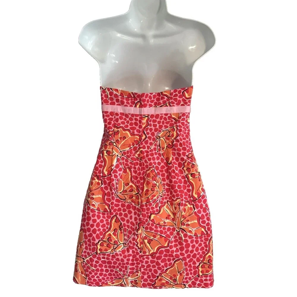 Lilly Pulitzer Strapless Dress Womens Sz 0 Y2K Mod Pink Orange Butterfly Print - Picture 5 of 14